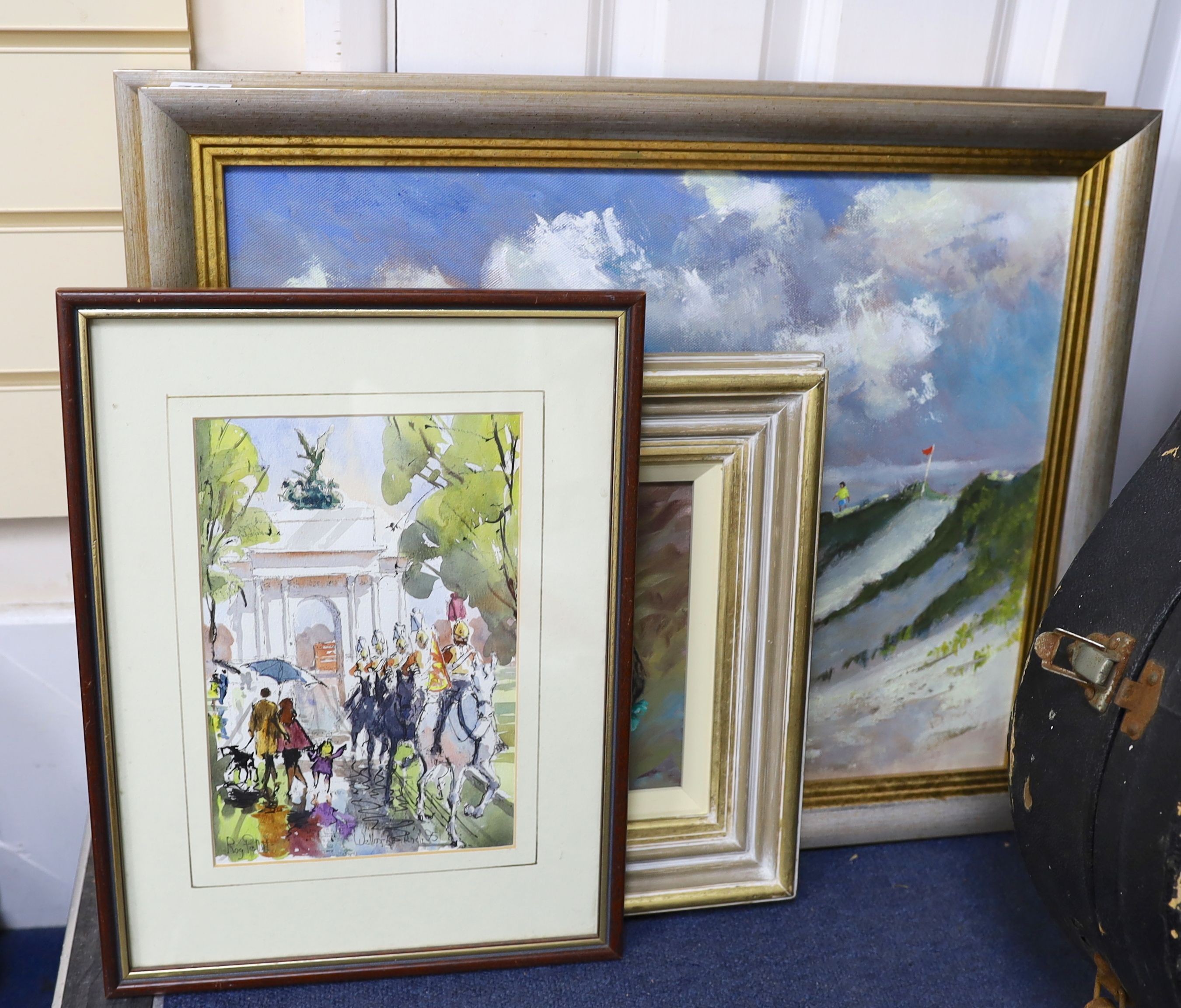 Roy Pettitt (1935-), three oils, Beach scenes and Seated female nude, largest 38 x 49cm, with a watercolour and four sketch books